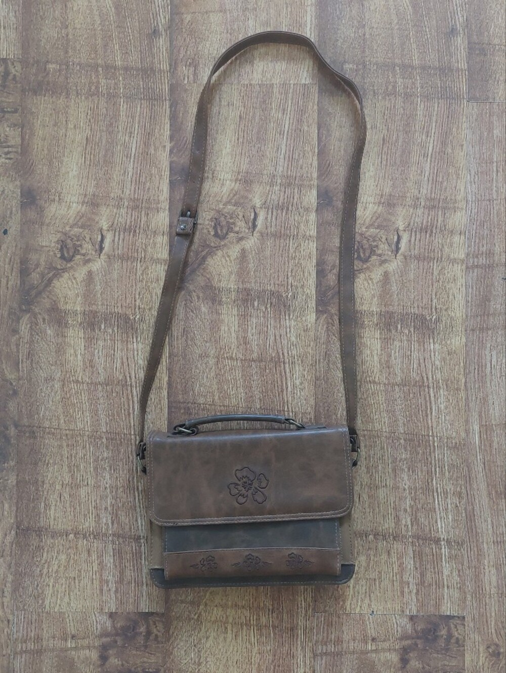Brown Leather Crossbody Messenger Bag for Women Purse Floral Vintage